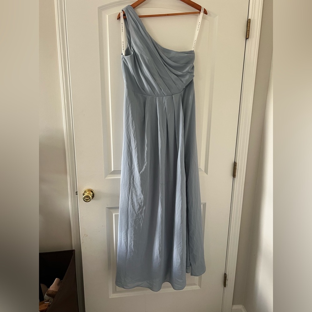 Azazie Maddox One Shoulder Dusty Blue Maxi Bridesmaid Dress